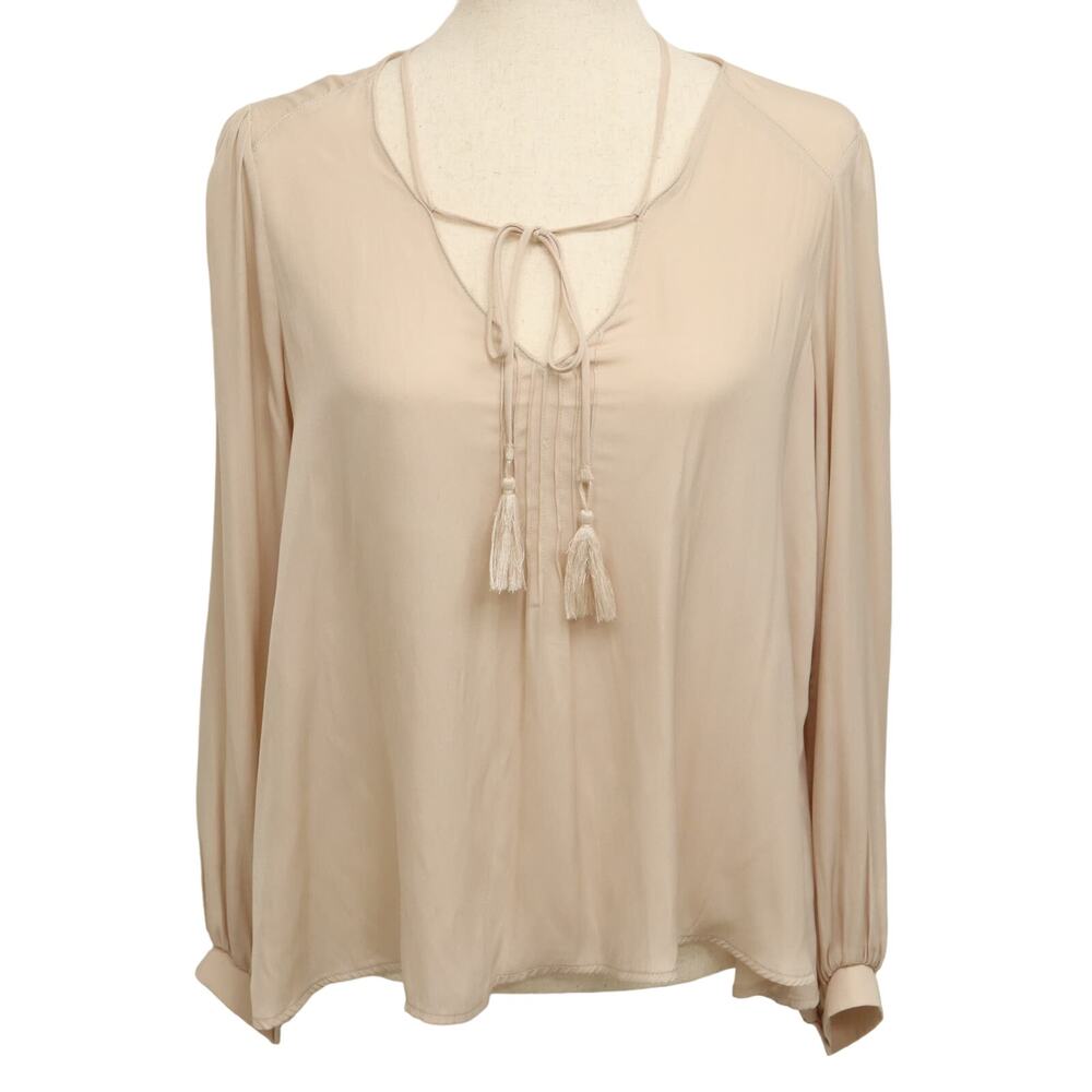ASTR Tassel Blouse S Beige Cream V Neck Pintuck Silky Long Sleeve Office Neutral
